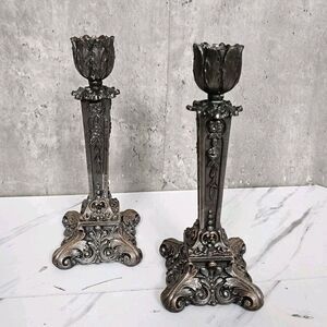 Antique K & 0 Co Kronheim Oldenbusch Ornate Floral Tulip Bronze Candlestick Pair
